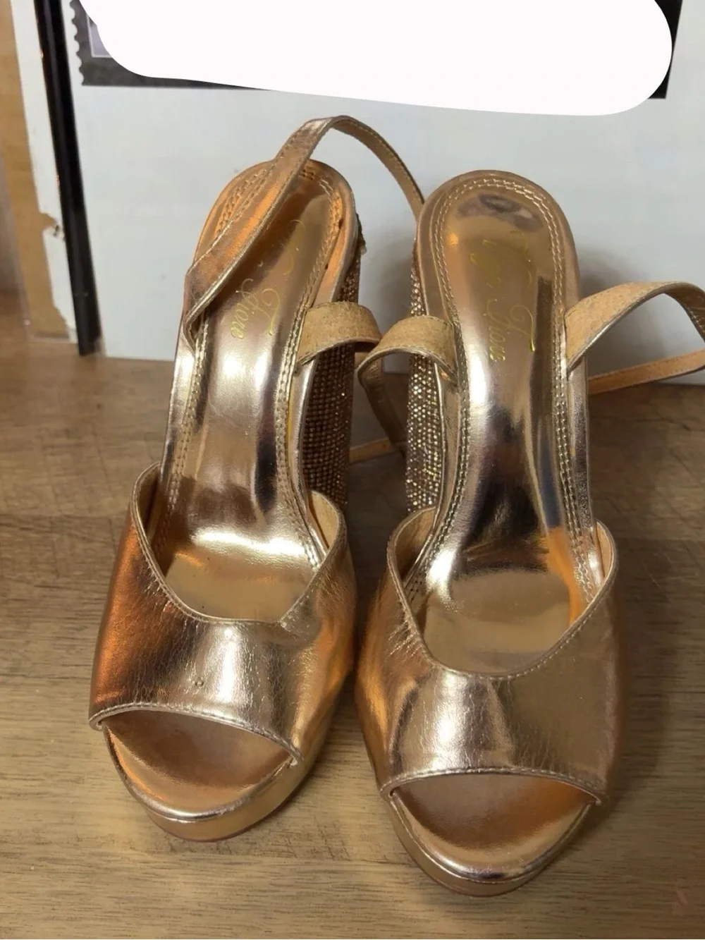 Metallic Gold Platform Slingback Heels with Crystal-Embellished Block Heel